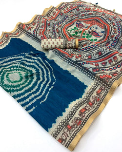 Snazzy Navy Blue Printed Cotton Silk Saree With Transcendent Blouse Piece