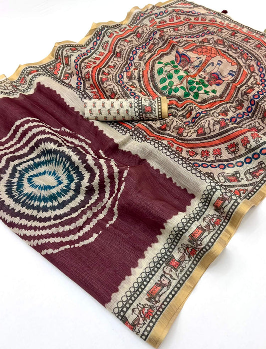 Vivacious Wine Printed Cotton Silk Saree With Desirable Blouse Piece