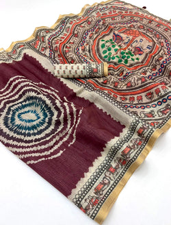 Vivacious Wine Printed Cotton Silk Saree With Desirable Blouse Piece