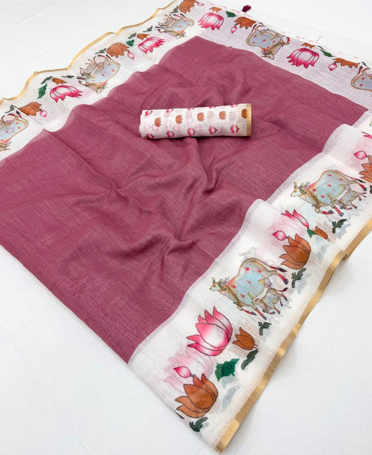Scrumptious Pink Printed Cotton Silk Saree With Moiety Blouse Piece