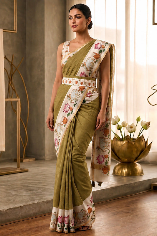 Quixotic Green Printed Cotton Silk Saree With Forbearance Blouse Piece