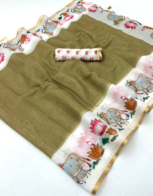 Quixotic Green Printed Cotton Silk Saree With Forbearance Blouse Piece