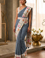Resonant Grey Printed Cotton Silk Saree With Rhapsodic Blouse Piece