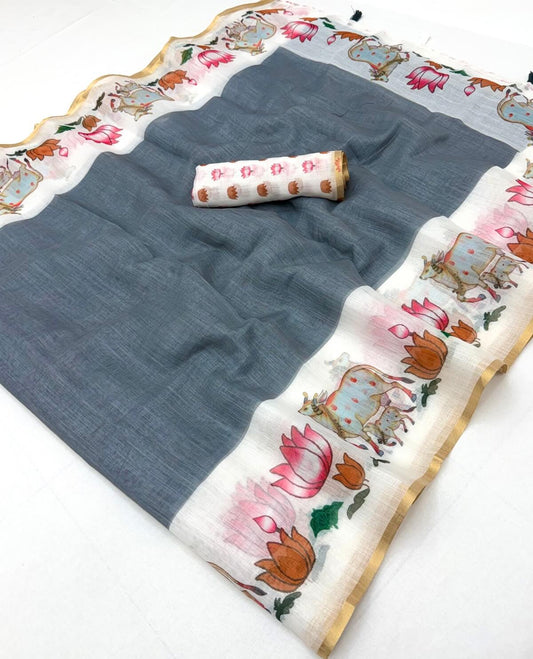 Resonant Grey Printed Cotton Silk Saree With Rhapsodic Blouse Piece