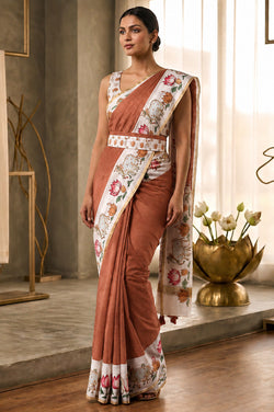 Grandiose Brown Printed Cotton Silk Saree With Breathtaking Blouse Piece