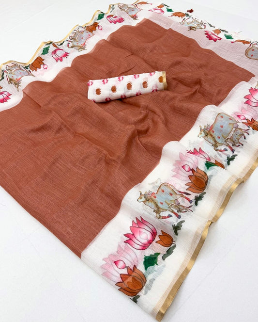 Grandiose Brown Printed Cotton Silk Saree With Breathtaking Blouse Piece