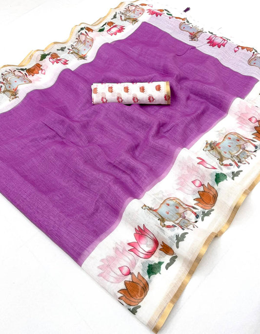 Vibrant Lavender Printed Cotton Silk Saree With Seraglio Blouse Piece