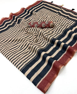 Prodigal Beige and Black Printed Cotton Silk Saree With Incomparable Blouse Piece
