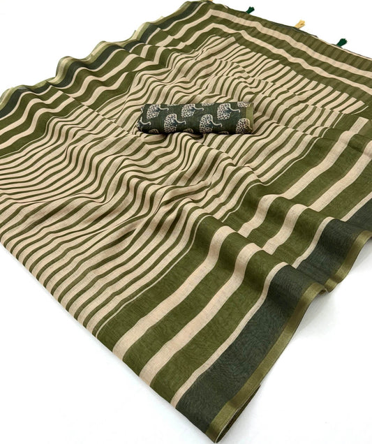 Scintilla Beige and Green Printed Cotton Silk Saree With Classy Blouse Piece