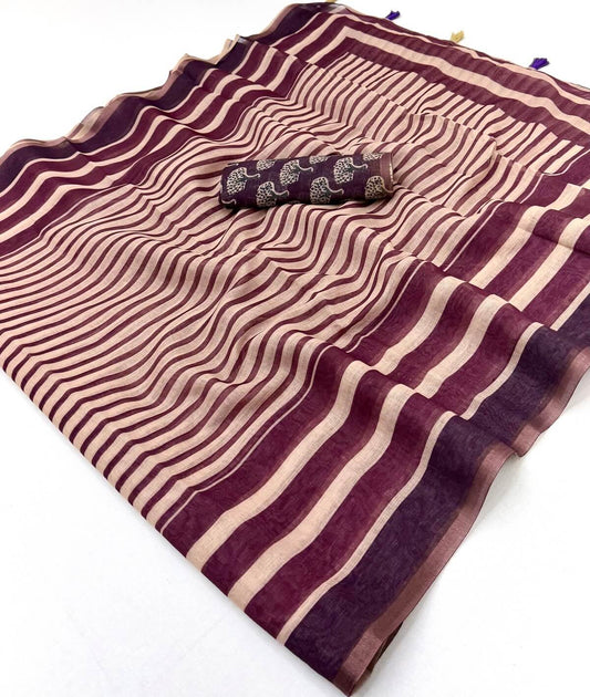 Glorious Beige and Wine Printed Cotton Silk Saree With Luxuriant Blouse Piece