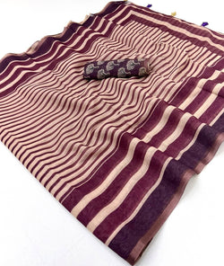 Glorious Beige and Wine Printed Cotton Silk Saree With Luxuriant Blouse Piece