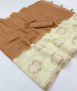 Impressive Beige And Brown Printed Cotton Silk Saree With Flattering Blouse Piece