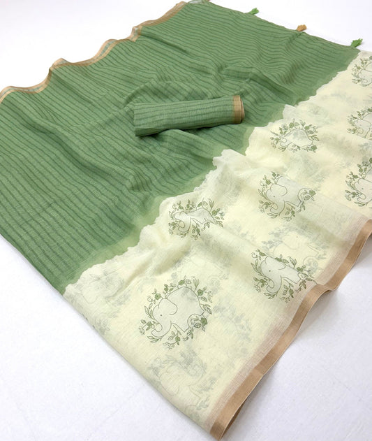 Opulent Beige And Green Printed Cotton Silk Saree With Pulsating Blouse Piece