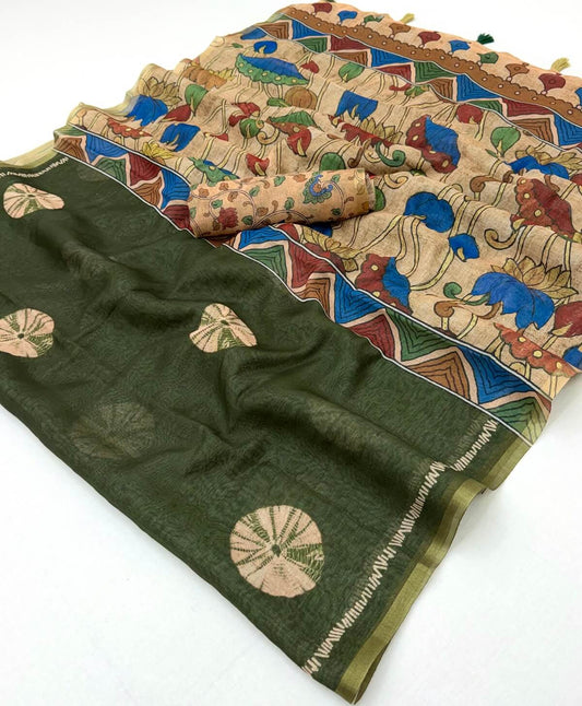 Aplomb Dark Green Printed Cotton Silk Saree With Desiring Blouse Piece
