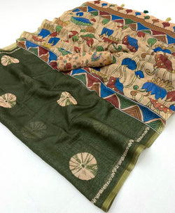 Aplomb Dark Green Printed Cotton Silk Saree With Desiring Blouse Piece