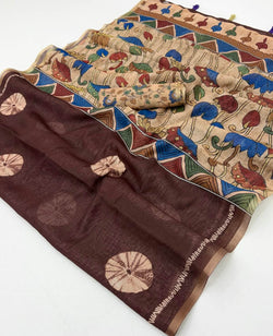 Bucolic Brown Printed Cotton Silk Saree With Scrumptious Blouse Piece