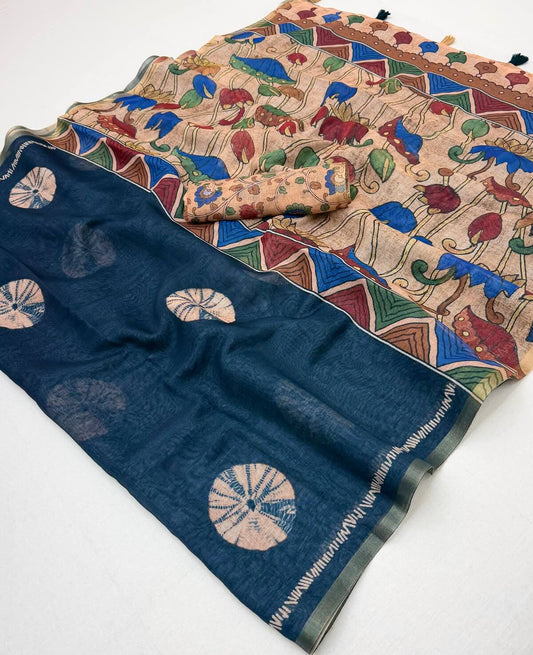 Denouement Navy Blue Printed Cotton Silk Saree With Ideal Blouse Piece