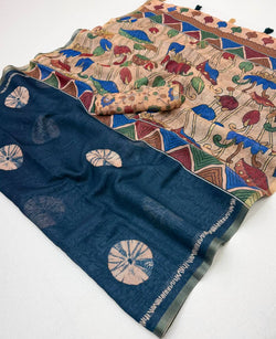 Denouement Navy Blue Printed Cotton Silk Saree With Ideal Blouse Piece
