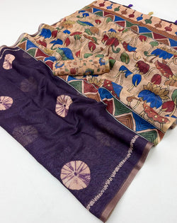 Prettiest Purple Printed Cotton Silk Saree With Cynosure Blouse Piece