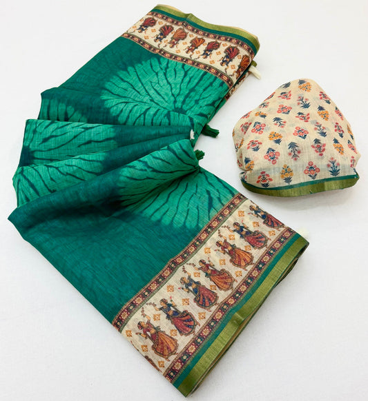 Susurrous Rama Printed Cotton Silk Saree With Effulgent Blouse Piece