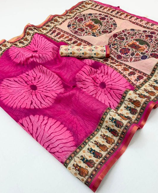 Sensational Dark Pink Printed Cotton Silk Saree With Ethereal Blouse Piece