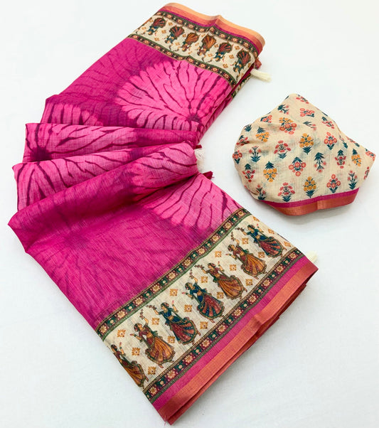 Sensational Dark Pink Printed Cotton Silk Saree With Ethereal Blouse Piece