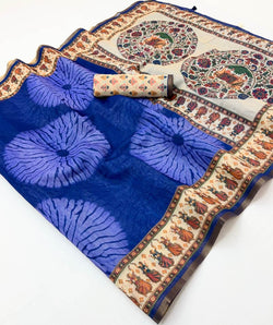 Fancifull Royal Blue Printed Cotton Silk Saree With Majestic Blouse Piece