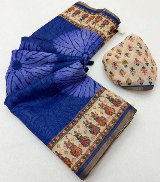 Fancifull Royal Blue Printed Cotton Silk Saree With Majestic Blouse Piece