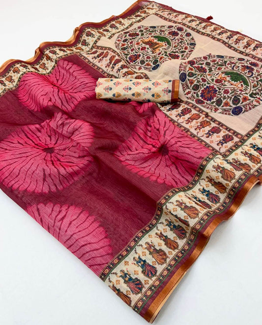 Improbable Maroon Printed Cotton Silk Saree With Radiant Blouse Piece