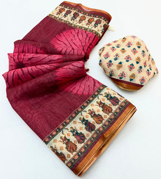 Improbable Maroon Printed Cotton Silk Saree With Radiant Blouse Piece