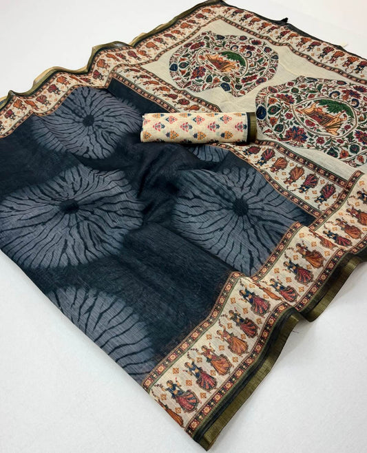 Outstanding Black Printed Cotton Silk Saree With Ebullience Blouse Piece