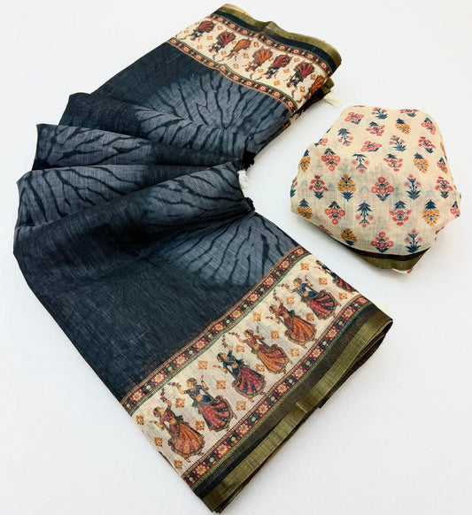 Outstanding Black Printed Cotton Silk Saree With Ebullience Blouse Piece