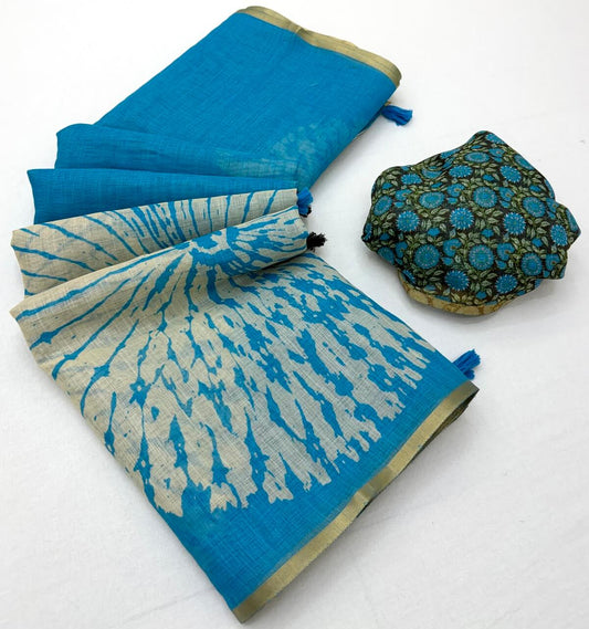 Unequalled Firozi Printed Cotton Silk Saree With Allure Blouse Piece