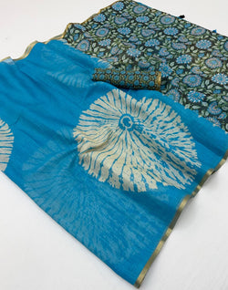 Unequalled Firozi Printed Cotton Silk Saree With Allure Blouse Piece