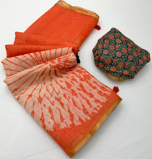 Innovative Orange Printed Cotton Silk Saree With Assemblage Blouse Piece