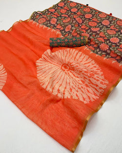 Innovative Orange Printed Cotton Silk Saree With Assemblage Blouse Piece