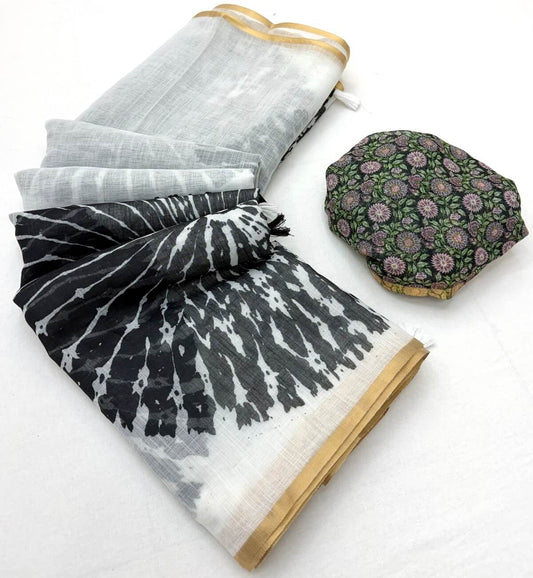Enigmatic Off White Printed Cotton Silk Saree With Desuetude Blouse Piece