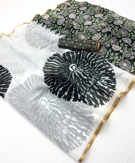 Enigmatic Off White Printed Cotton Silk Saree With Desuetude Blouse Piece