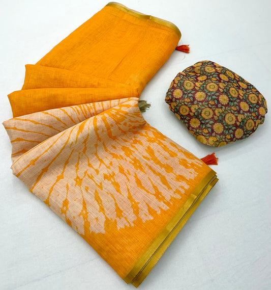 Opulent Yellow Printed Cotton Silk Saree With Lissome Blouse Piece