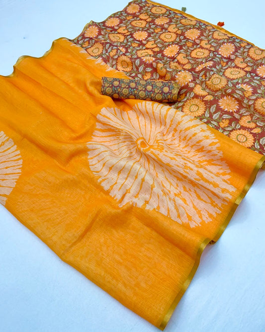 Opulent Yellow Printed Cotton Silk Saree With Lissome Blouse Piece