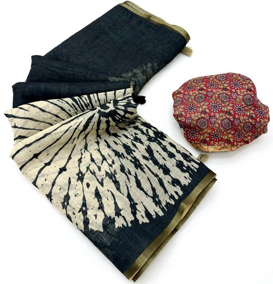 Scrupulous Black Printed Cotton Silk Saree With Comely Blouse Piece