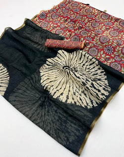 Scrupulous Black Printed Cotton Silk Saree With Comely Blouse Piece