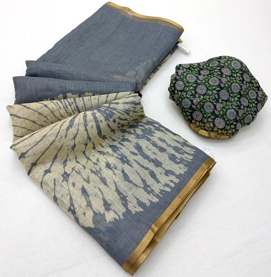 Demesne Grey Printed Cotton Silk Saree With Panache Blouse Piece