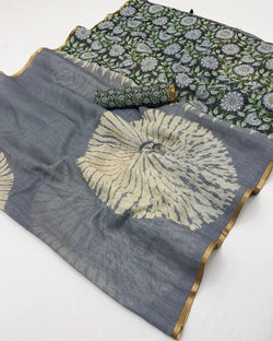 Demesne Grey Printed Cotton Silk Saree With Panache Blouse Piece
