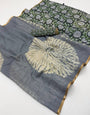 Demesne Grey Printed Cotton Silk Saree With Panache Blouse Piece