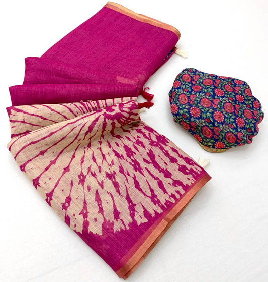 Bewitching Dark Pink Printed Cotton Silk Saree With Glorious Blouse Piece