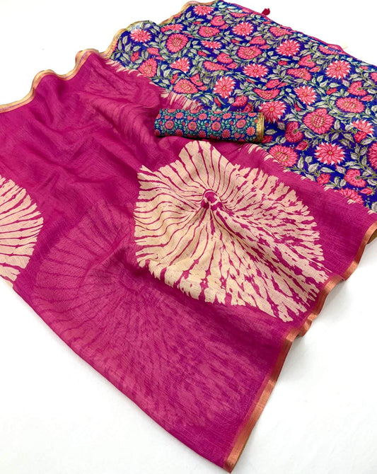 Bewitching Dark Pink Printed Cotton Silk Saree With Glorious Blouse Piece