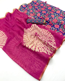 Bewitching Dark Pink Printed Cotton Silk Saree With Glorious Blouse Piece