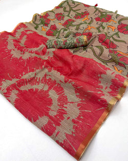 Ebullience Red Printed Cotton Silk Saree With Ratatouille Blouse Piece