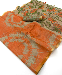 Alluring Orange Printed Cotton Silk Saree With Enthralling Blouse Piece